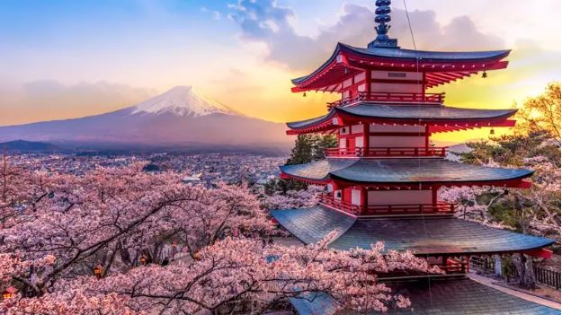 Pemandangan Jepang dengan Gunung Fuji dan sakura